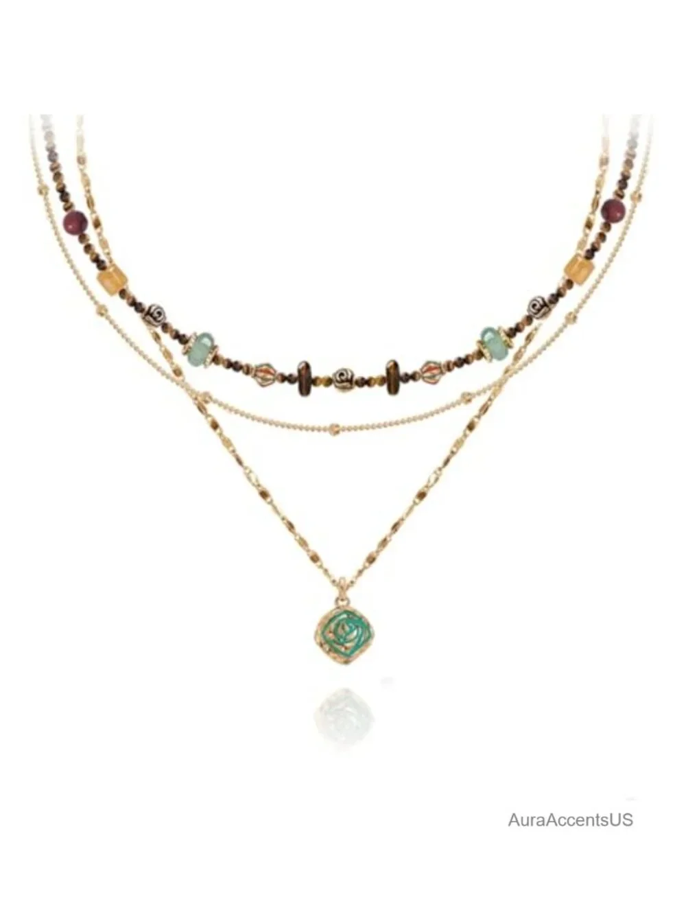 Boho Layered Beaded Necklace Retro Multi-Layer Gold Plated Pendant Chain